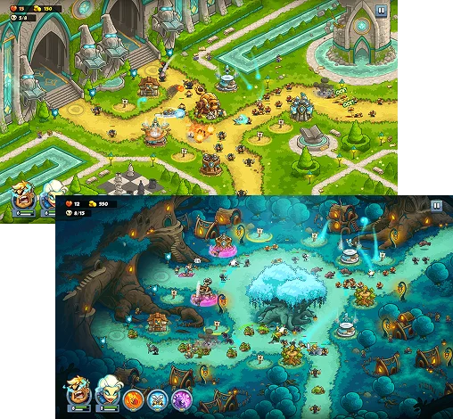 Kingdom Rush-gameplay met fantasietorens, verdedigingswerken, helden en vijandelijke eenheden op een gedetailleerde groene kaart van het koninkrijk.