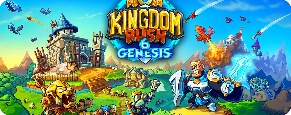 Een scène uit het spel Kingdom Rush Origins met fantasiehelden, kleurrijke landschappen, magische wezens en een versterkt koninkrijk.